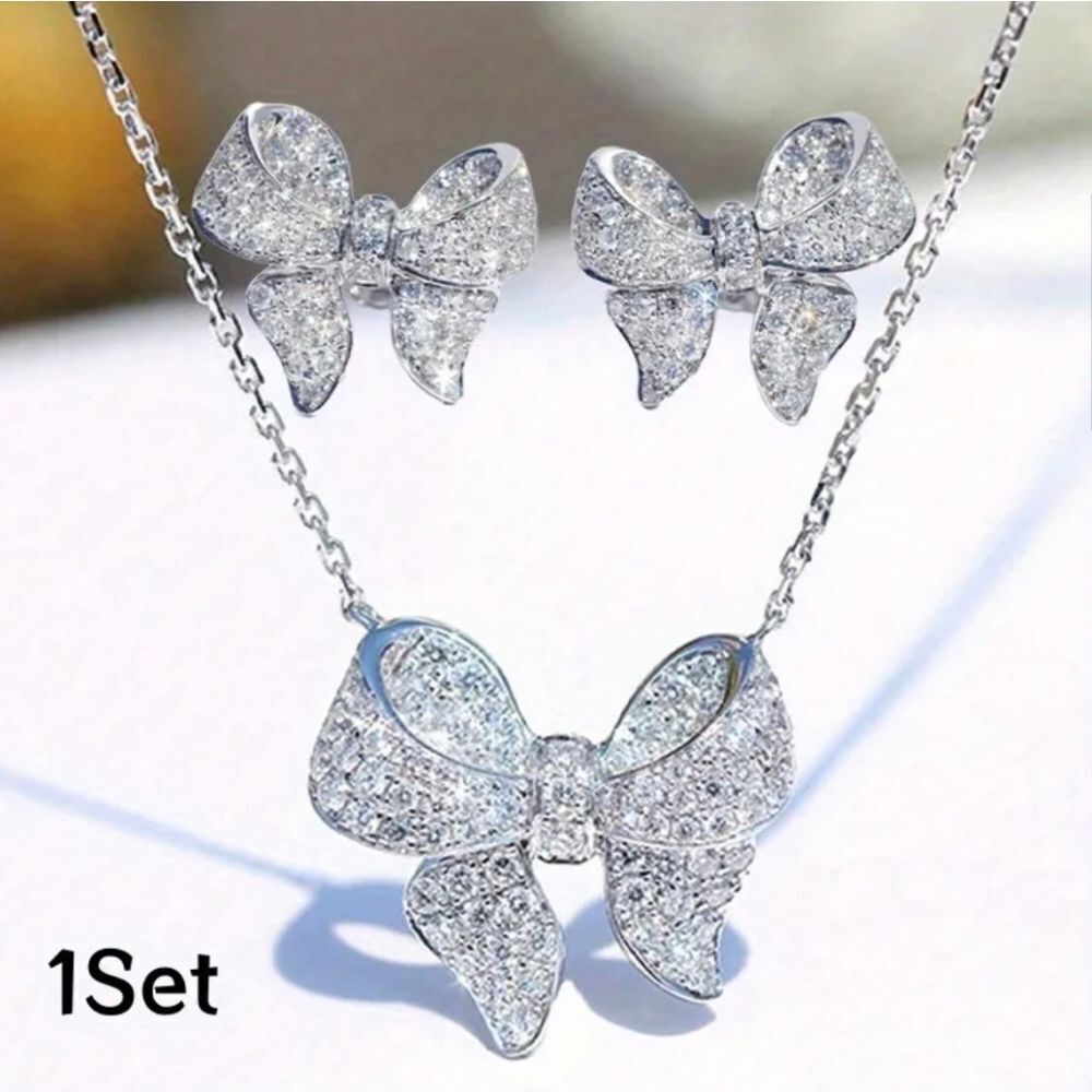 Silver Stud Bow Diamond Earrings & Necklace Set